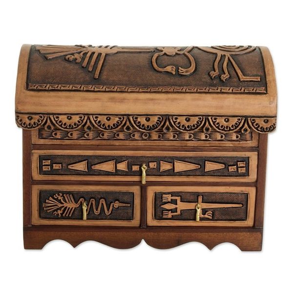 Alternate image for Nazca Pattern Leather and Cedar Wood Jewelry Chest from Peru Nazca Mysteries