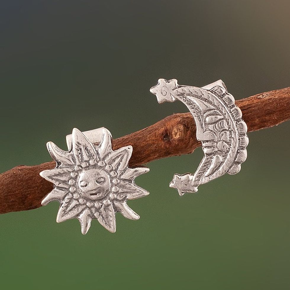 Sterling Silver Sun and Moon Stud Earrings from Peru 'Stellar Royalty'