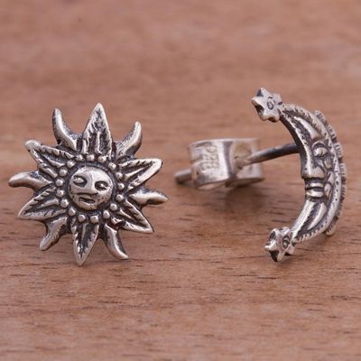 Alternate image for Sterling Silver Sun and Moon Stud Earrings from Peru Stellar Royalty