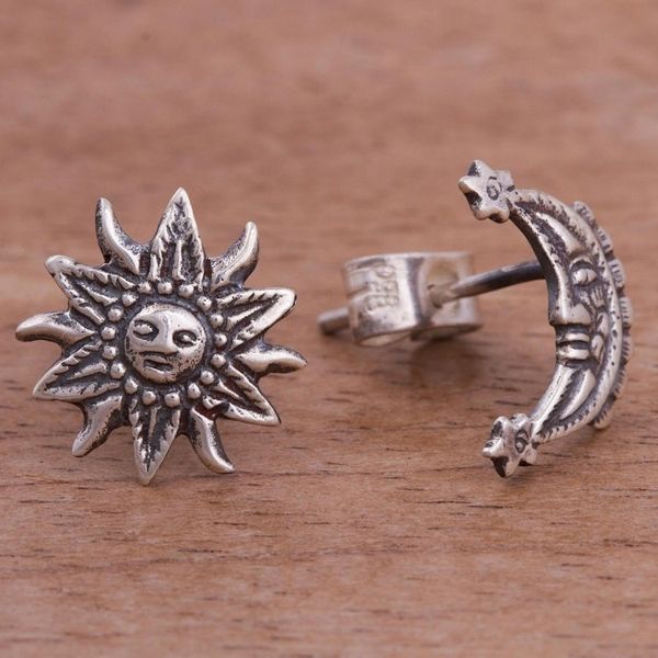 Alternate image for Sterling Silver Sun and Moon Stud Earrings from Peru Stellar Royalty