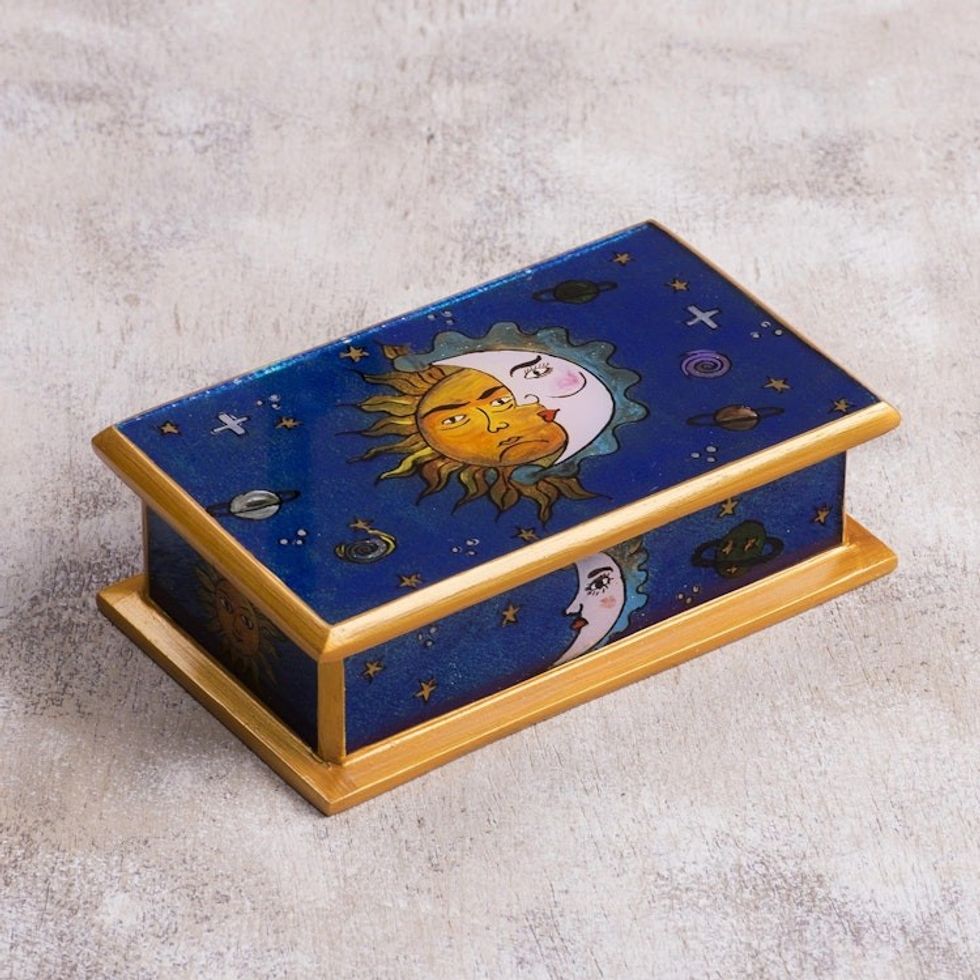 Sun-Themed Reverse Painted Glass Decorative Box from Peru 'Solar Love'