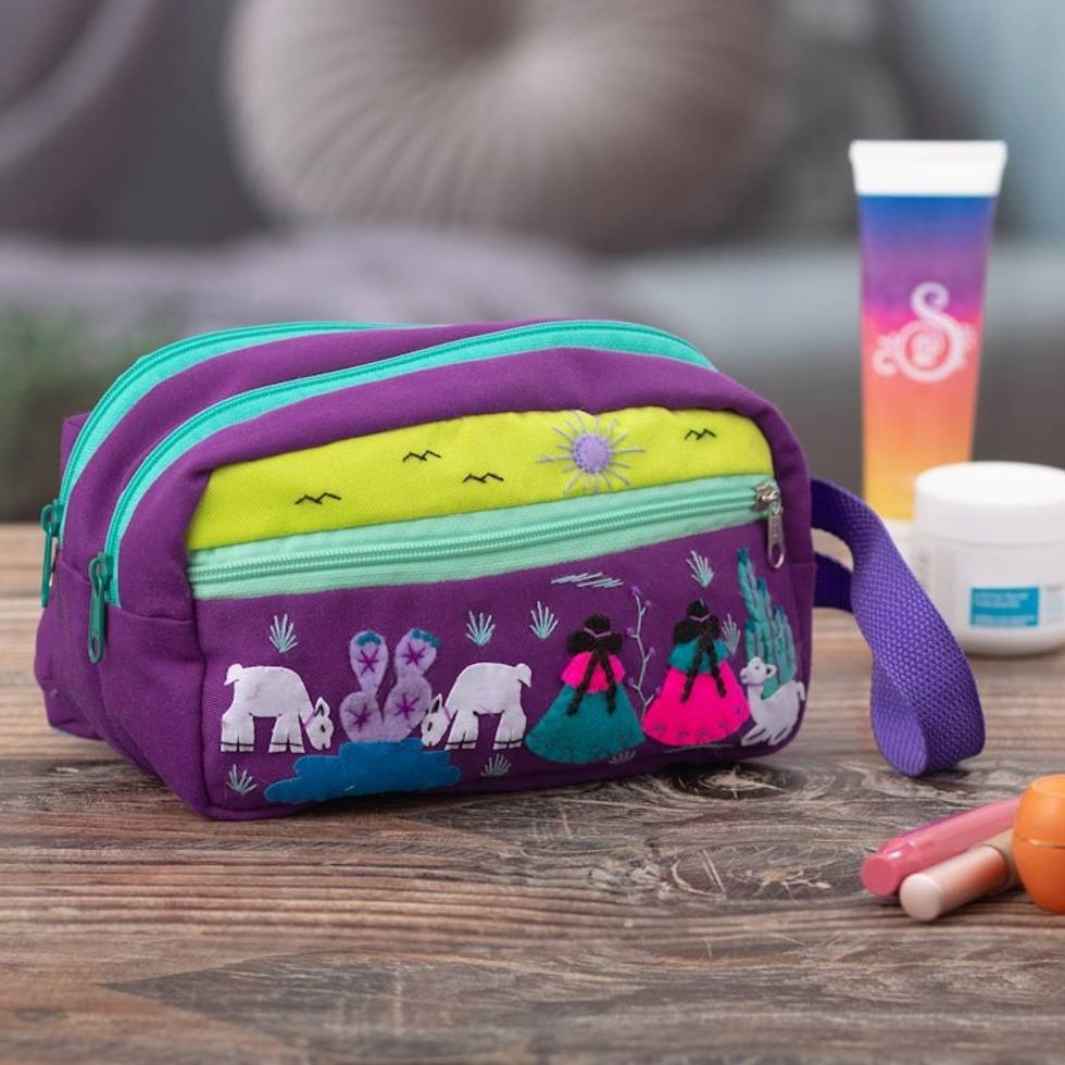 Cotton Blend Four-Compartment Cosmetic Toiletry Bag 'Llama Sunrise'