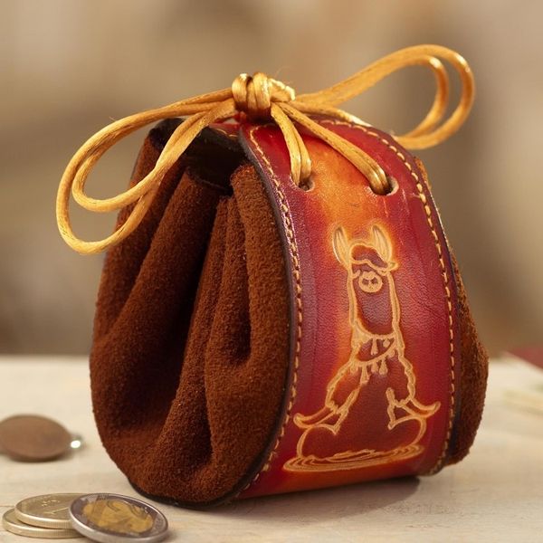 Alternate image for Brown Leather and Suede Llama Coin Purse with Tie Closure Frugal Llama