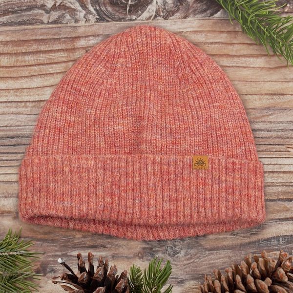 Alternate image for Knit Ribbed Baby Alpaca and Wool Blend Beanie Hat in Coral Coral Chic
