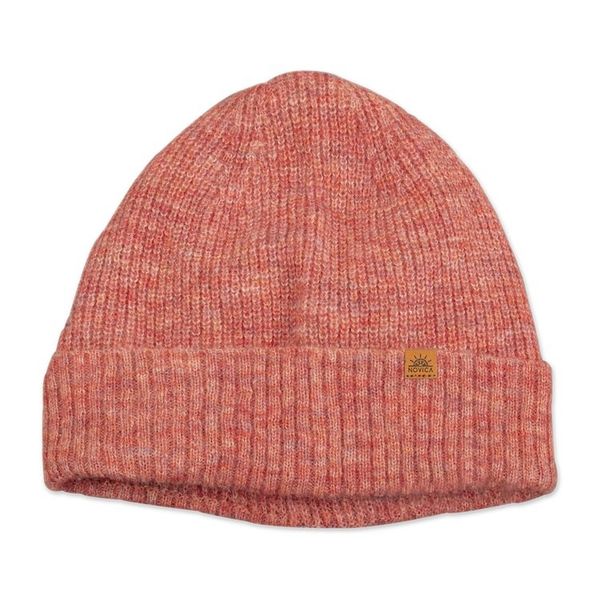 Alternate image for Knit Ribbed Baby Alpaca and Wool Blend Beanie Hat in Coral Coral Chic