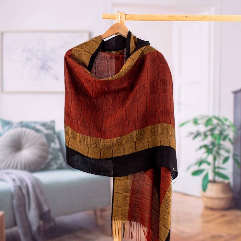 Handwoven Striped Fringed Salamander 100 Baby Alpaca Shawl 'Balance Force'