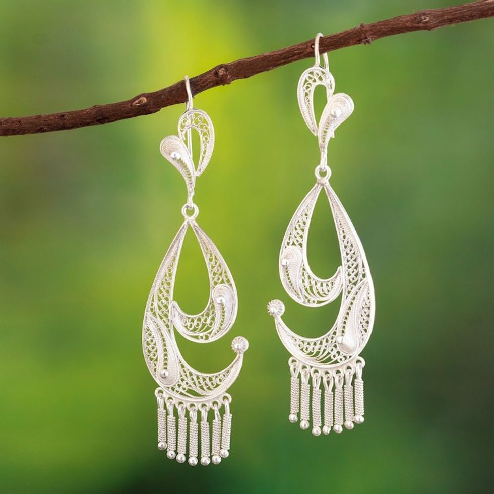 Graceful Silver Filigree Earrings from Peru 'Waves'