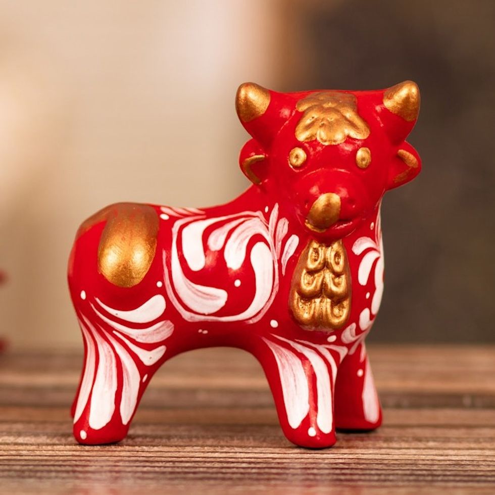 Traditional Andean Handcrafted Ceramic Bull Sculpture in Red 'Red Guardian of the Andes'