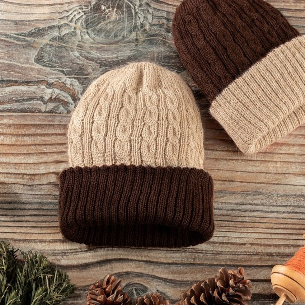 Peruvian Artisan Made 100 Alpaca Brown Reversible Cable Hat 'Warm and Comfy'