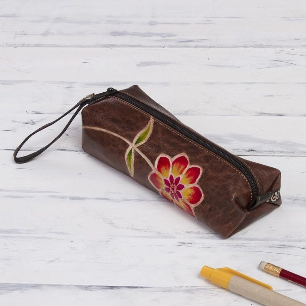 Brown Leather Pencil Case with Hand Painted Flower 'Moray Flower'