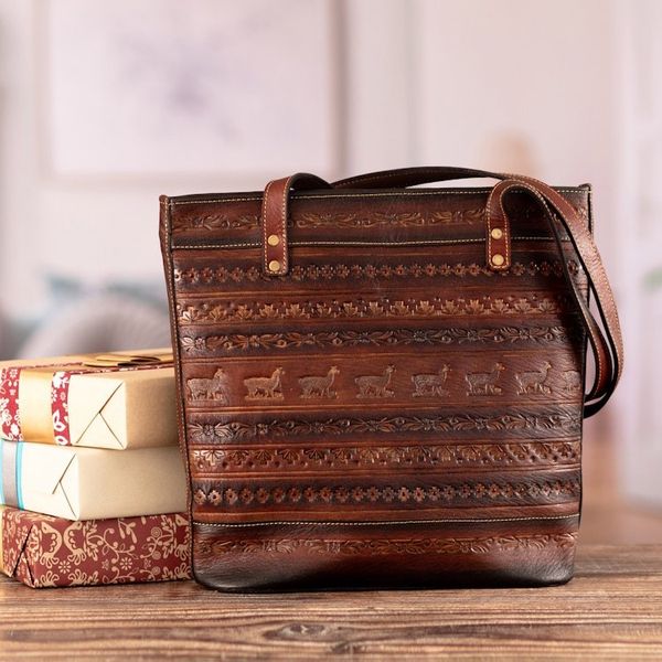 Alternate image for Leather Shoulder Bag in Brown with Embossed Andean Motifs Andean Totem