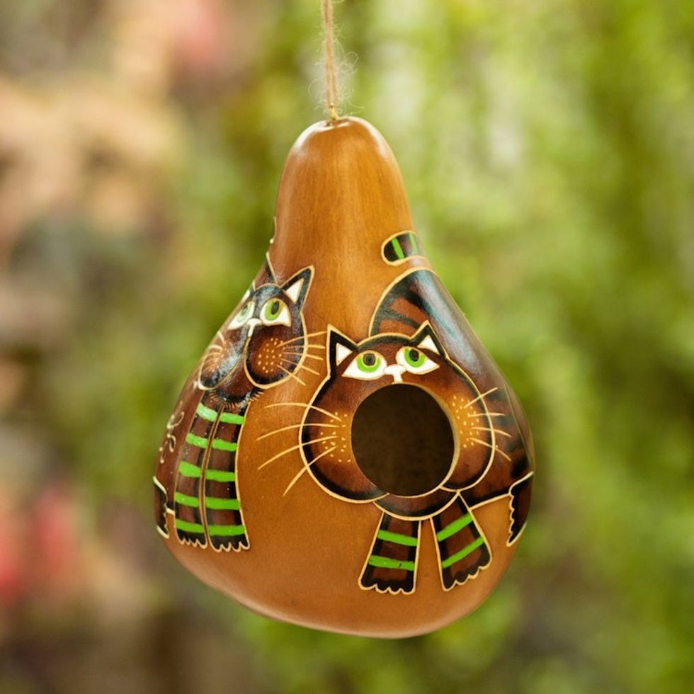Hand-Painted Dried Gourd Birdhouse with Cat Motif from Peru 'Cute Cats'