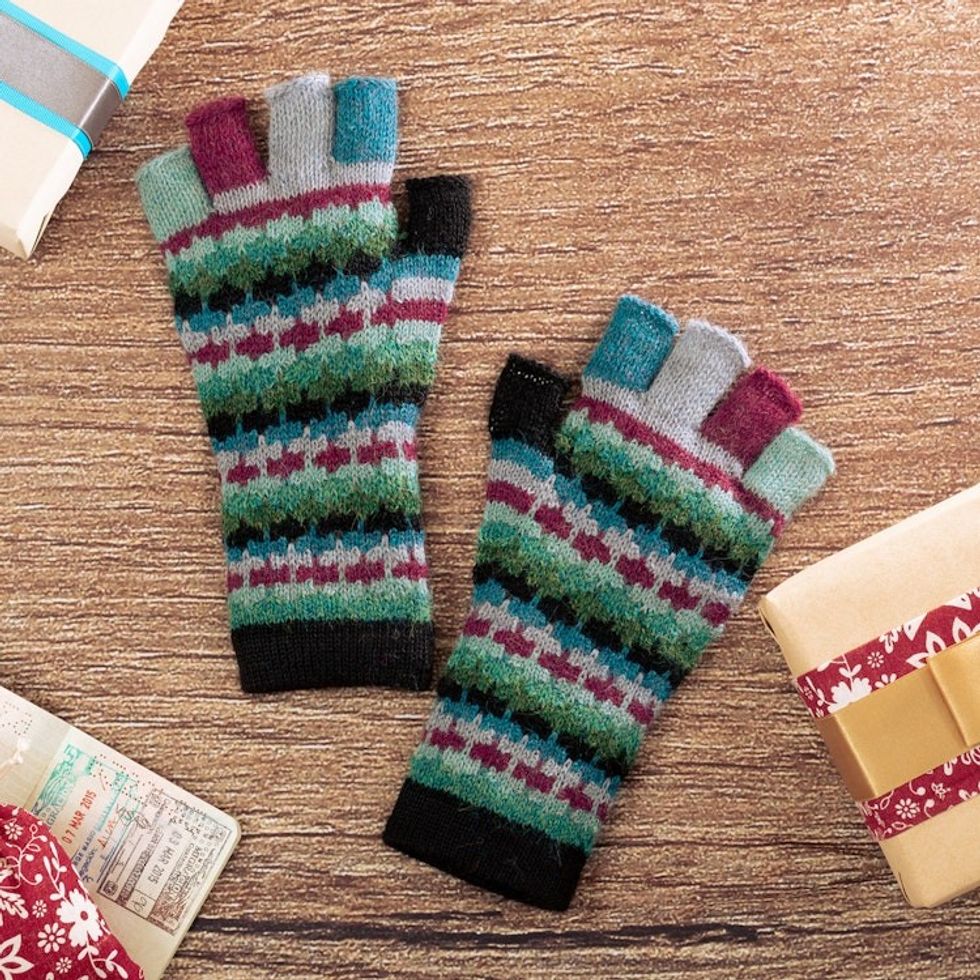 Colorful 100 Baby Alpaca Fingerless Gloves Knitted in Peru 'Magenta Colorful Life'
