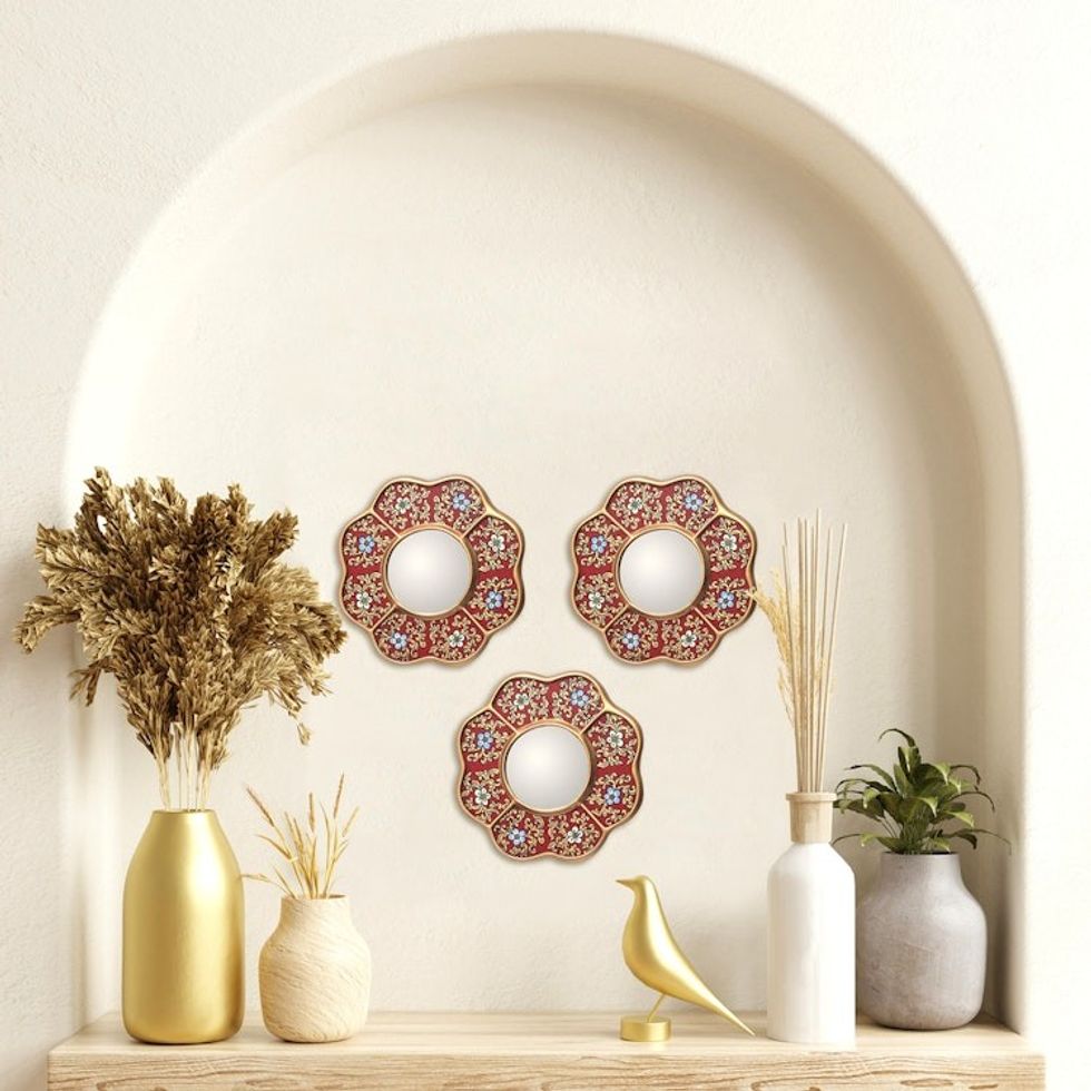 3 Petite Collectible Reverse Painted Glass Accent Mirrors 'New Spring'