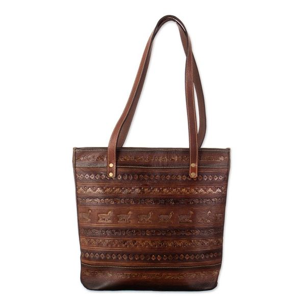 Alternate image for Leather Shoulder Bag in Brown with Embossed Andean Motifs Andean Totem