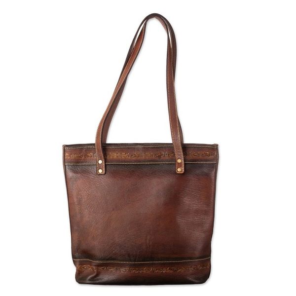 Alternate image for Leather Shoulder Bag in Brown with Embossed Andean Motifs Andean Totem