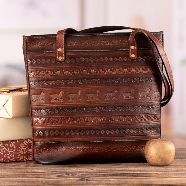 Alternate image for Leather Shoulder Bag in Brown with Embossed Andean Motifs Andean Totem