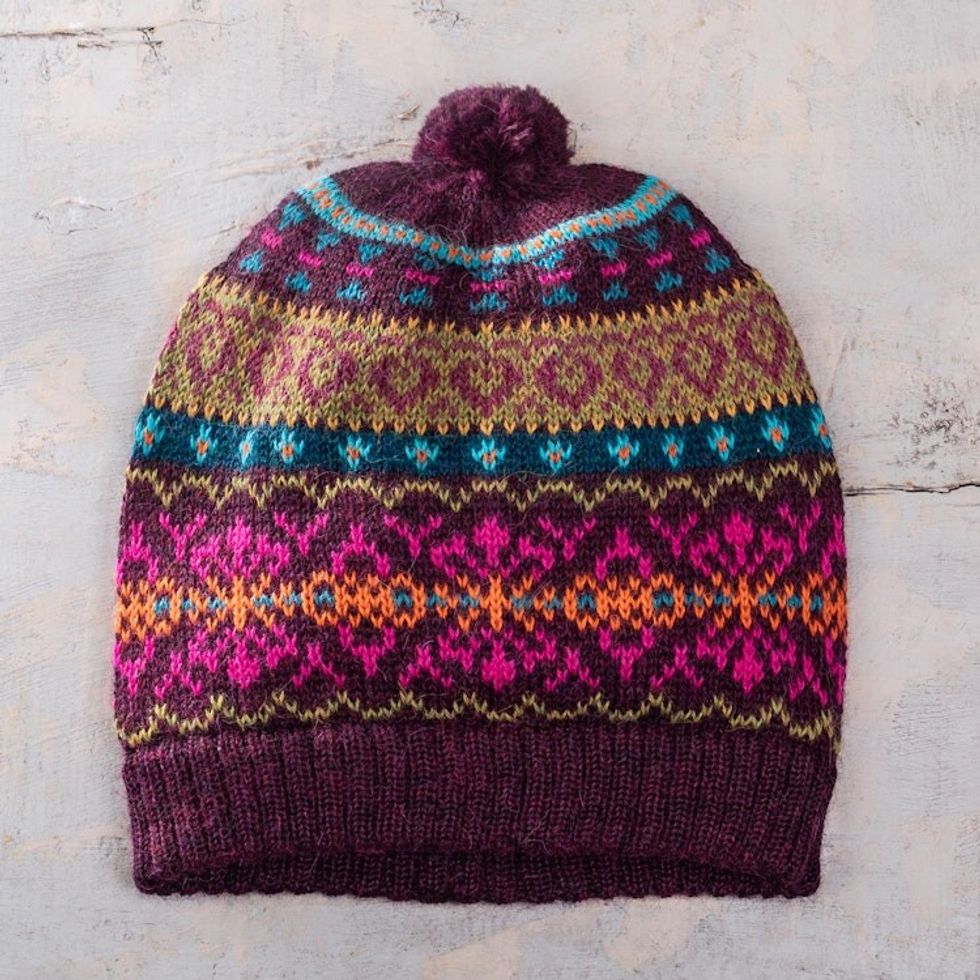100 Alpaca Knit Hat in Purple with Pompom and Andean Motifs 'Inca Pompom'