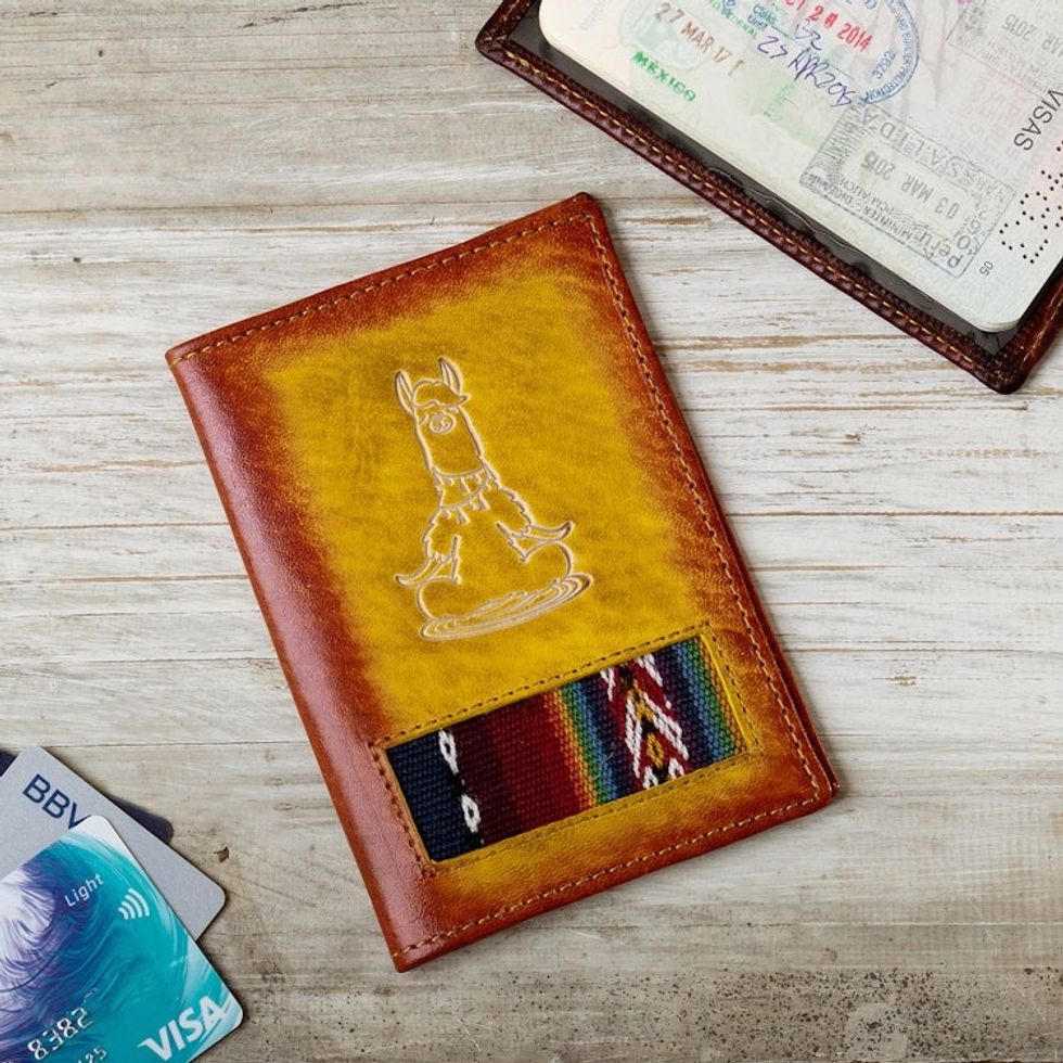 Handcrafted Llama Leather Passport Cover with Andean Textile 'Meditative Llama'