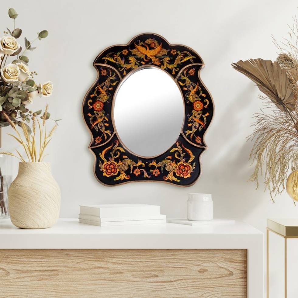 Unique Reverse Painted Glass Wall Mirror 'Birdsong at Night'