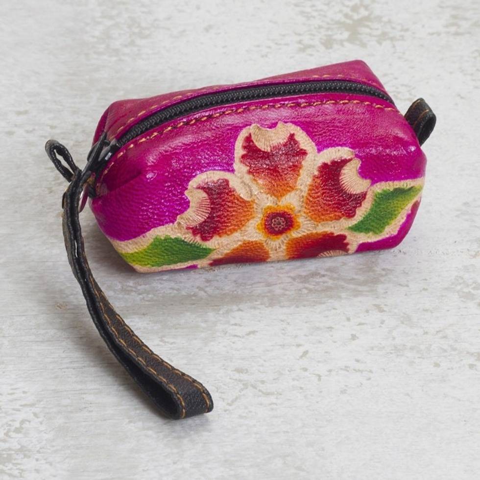 Handcrafted Floral Leather Coin Purse in Cerise 'Passionate Flower'