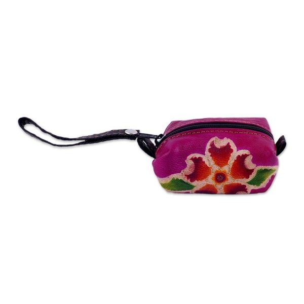 Alternate image for Handcrafted Floral Leather Coin Purse in Cerise Passionate Flower