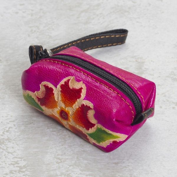 Alternate image for Handcrafted Floral Leather Coin Purse in Cerise Passionate Flower