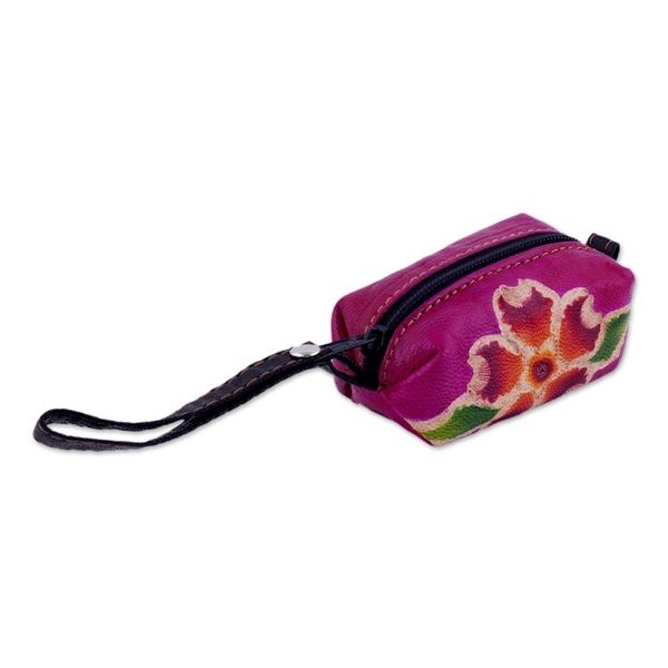 Alternate image for Handcrafted Floral Leather Coin Purse in Cerise Passionate Flower