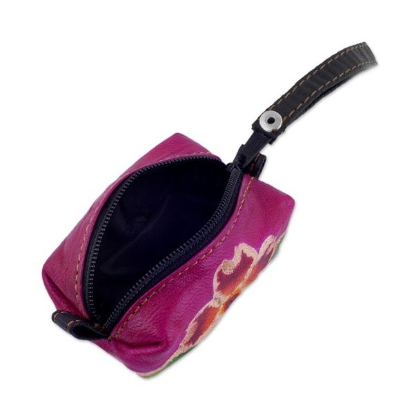 Alternate image for Handcrafted Floral Leather Coin Purse in Cerise Passionate Flower