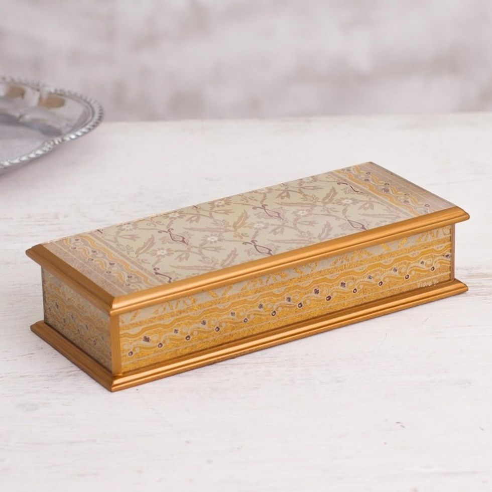 Gold-Tone Reverse-Painted Glass Decorative Box from Peru 'Golden Colonial Elegance'