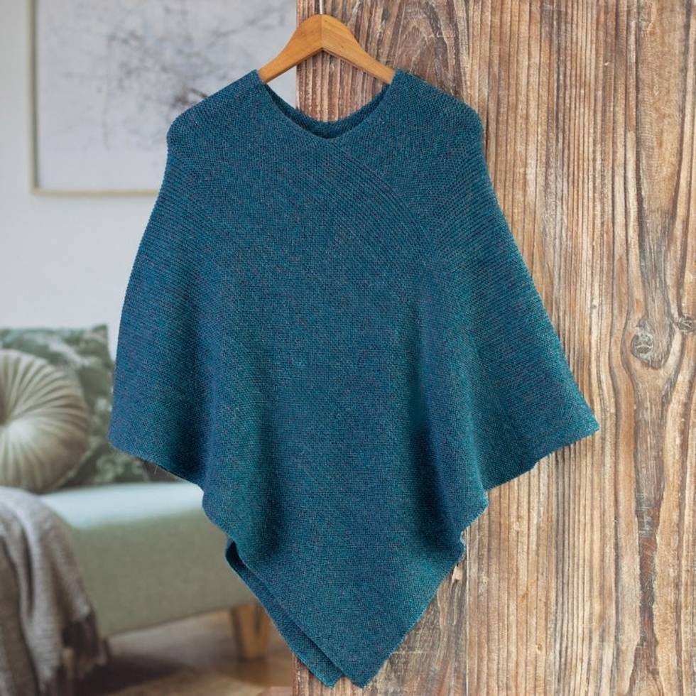 Teal 100 Alpaca Poncho Crafted in Peru 'Pacific Waves'