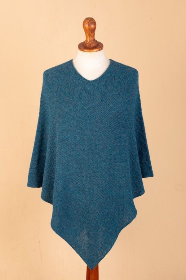 Alternate image for Teal 100 Alpaca Poncho Crafted in Peru Pacific Waves