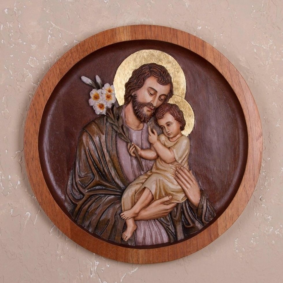 Cedar Wood Relief Panel of St. Joseph with Baby Jesus 'St. Joseph with the Baby Jesus'