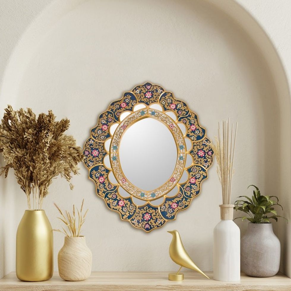 Unique Floral Wood Reverse Painted Art Glass Wall Mirror 'Golden Garden'