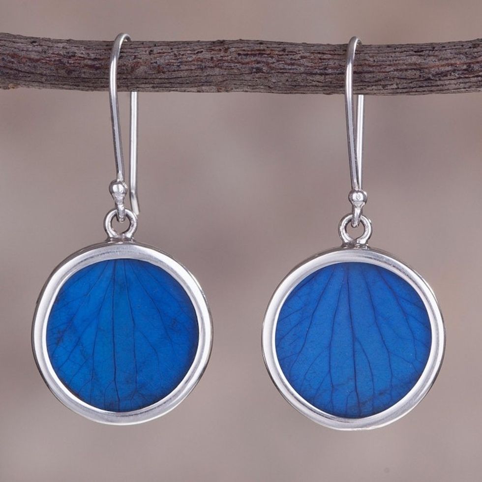Sterling Silver and Natural Leaf Earrings in Blue from Peru 'Blue Eden'