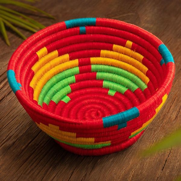Alternate image for Red Natural Fiber Decorative Bowl with Geometric Motifs Guacamayas Summer