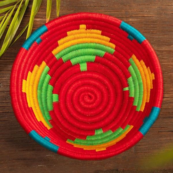 Alternate image for Red Natural Fiber Decorative Bowl with Geometric Motifs Guacamayas Summer