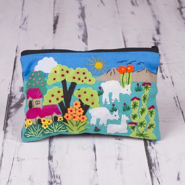 Alternate image for Patchwork Fair Trade Cosmetic Case with Peruvian Landscape Blue Alpaca Afternoon