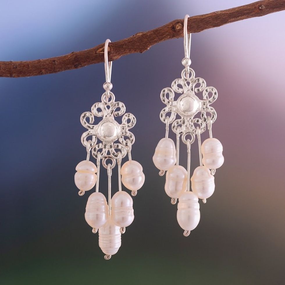 Silver Floral Chandelier Earrings with Cultured Pearls 'Lustrous Flowers'