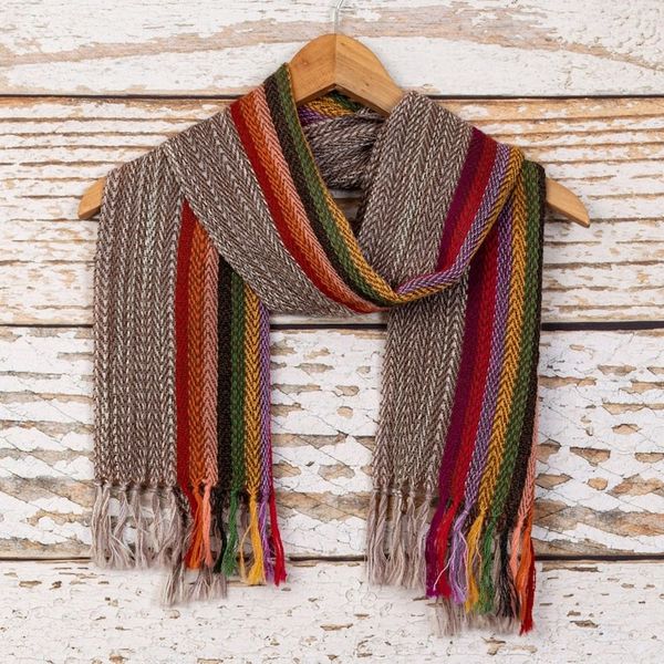 Alternate image for 100 Alpaca Hand-woven Multicolored Striped Scarf Rainbow in the Sky