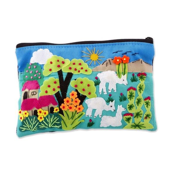 Alternate image for Patchwork Fair Trade Cosmetic Case with Peruvian Landscape Blue Alpaca Afternoon