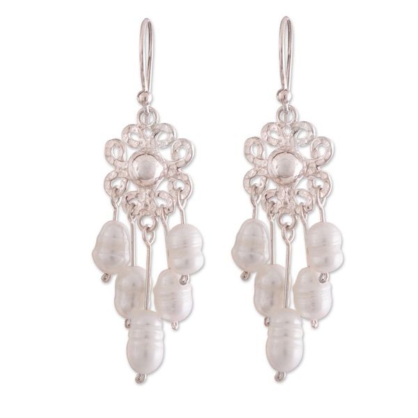 Alternate image for Silver Floral Chandelier Earrings with Cultured Pearls Lustrous Flowers