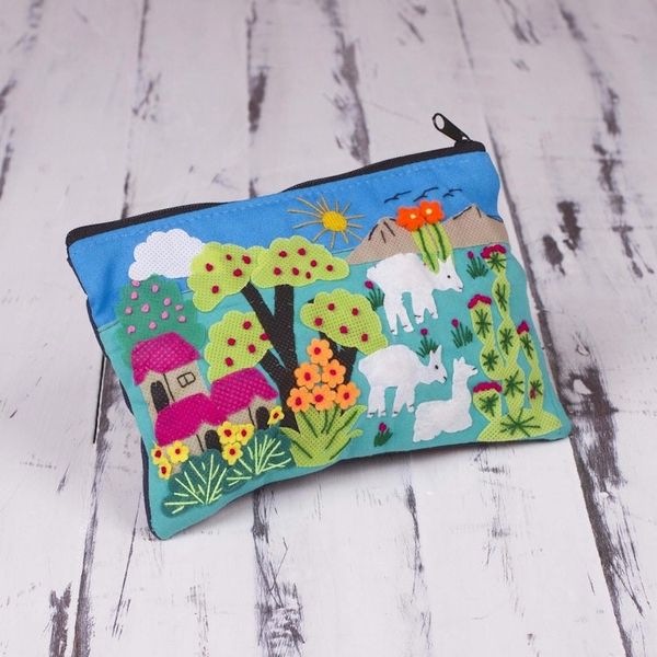 Alternate image for Patchwork Fair Trade Cosmetic Case with Peruvian Landscape Blue Alpaca Afternoon