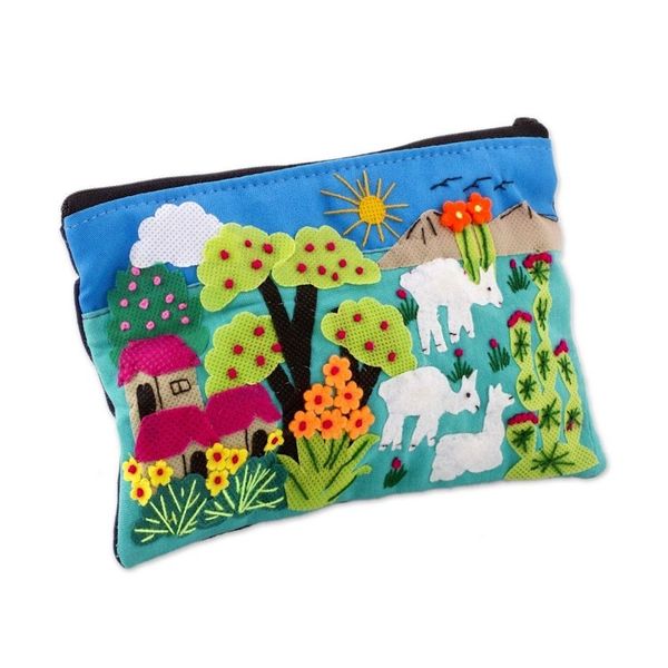 Alternate image for Patchwork Fair Trade Cosmetic Case with Peruvian Landscape Blue Alpaca Afternoon