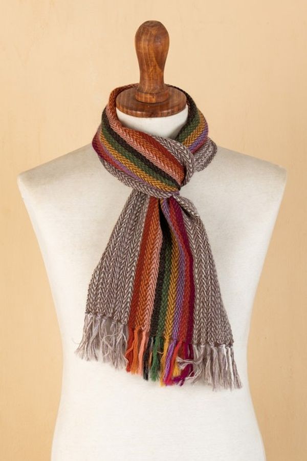 Alternate image for 100 Alpaca Hand-woven Multicolored Striped Scarf Rainbow in the Sky