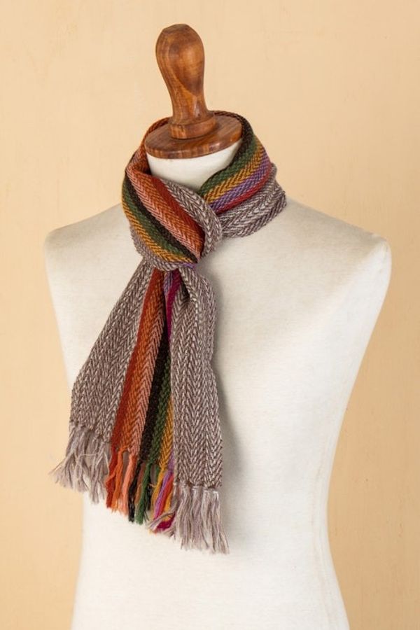 Alternate image for 100 Alpaca Hand-woven Multicolored Striped Scarf Rainbow in the Sky