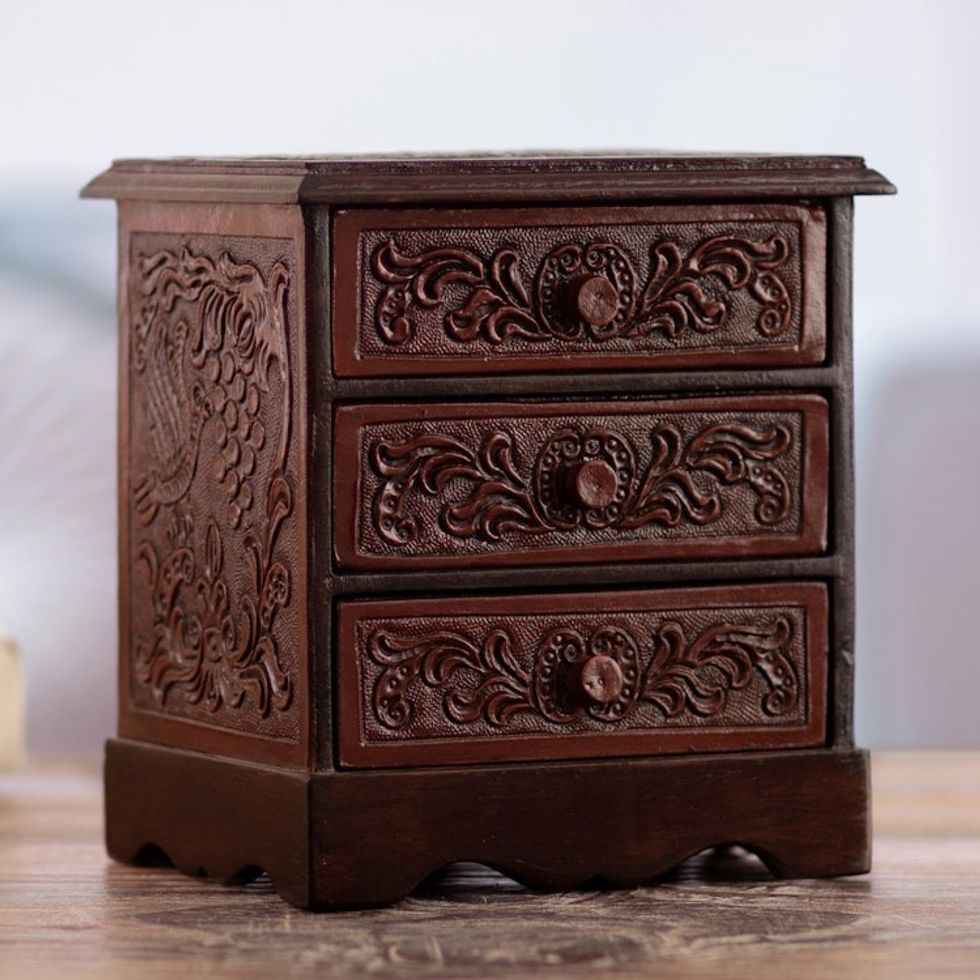 Baroque-Inspired Embossed Mohena Wood and Leather Chest 'Classic Magnificence'