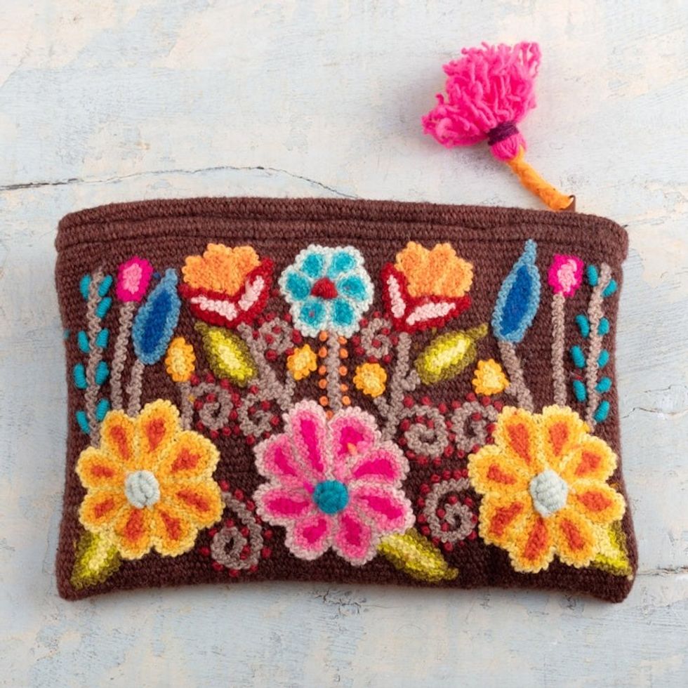 Brown 100 Alpaca Cosmetic Bag with Floral Embroidery 'Warm Andean Paradise'