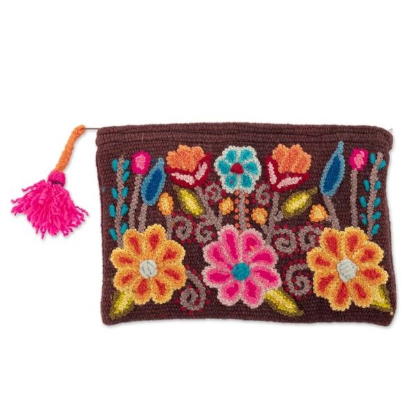 Alternate image for Brown 100 Alpaca Cosmetic Bag with Floral Embroidery Warm Andean Paradise