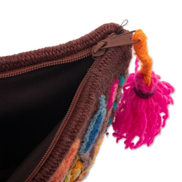 Alternate image for Brown 100 Alpaca Cosmetic Bag with Floral Embroidery Warm Andean Paradise